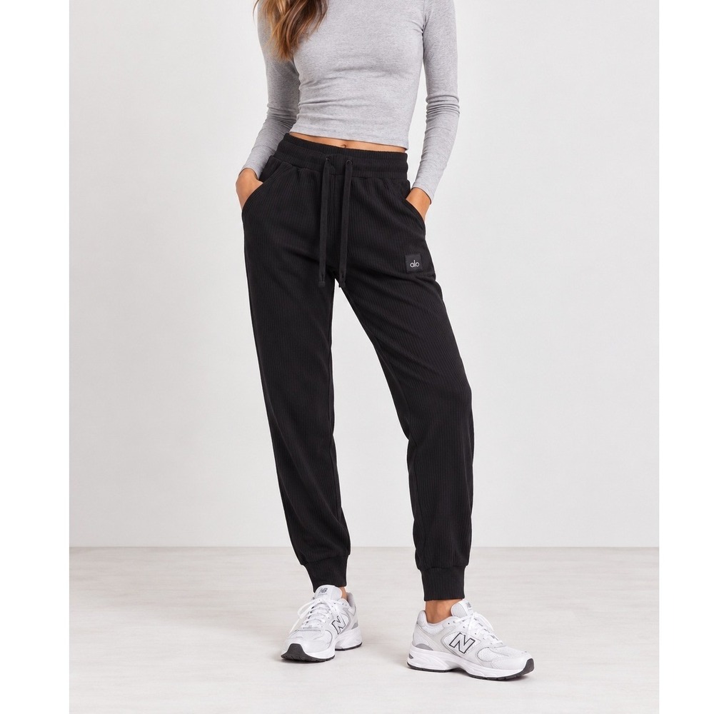Alo Yoga Muse Ribbed Sweatpants Womens XS Black Joggers Drawstring Athleisure